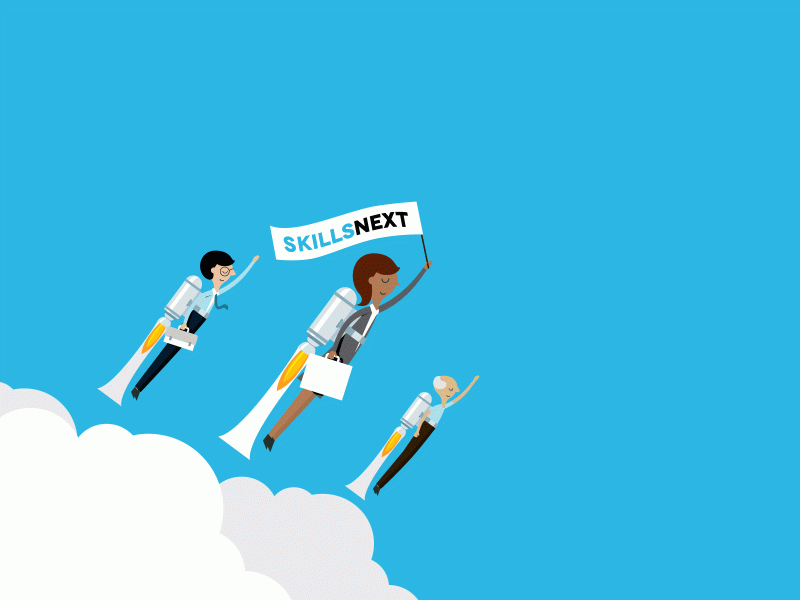 Three people with jet-packs flying above the clouds holding a SkillsNext banner.