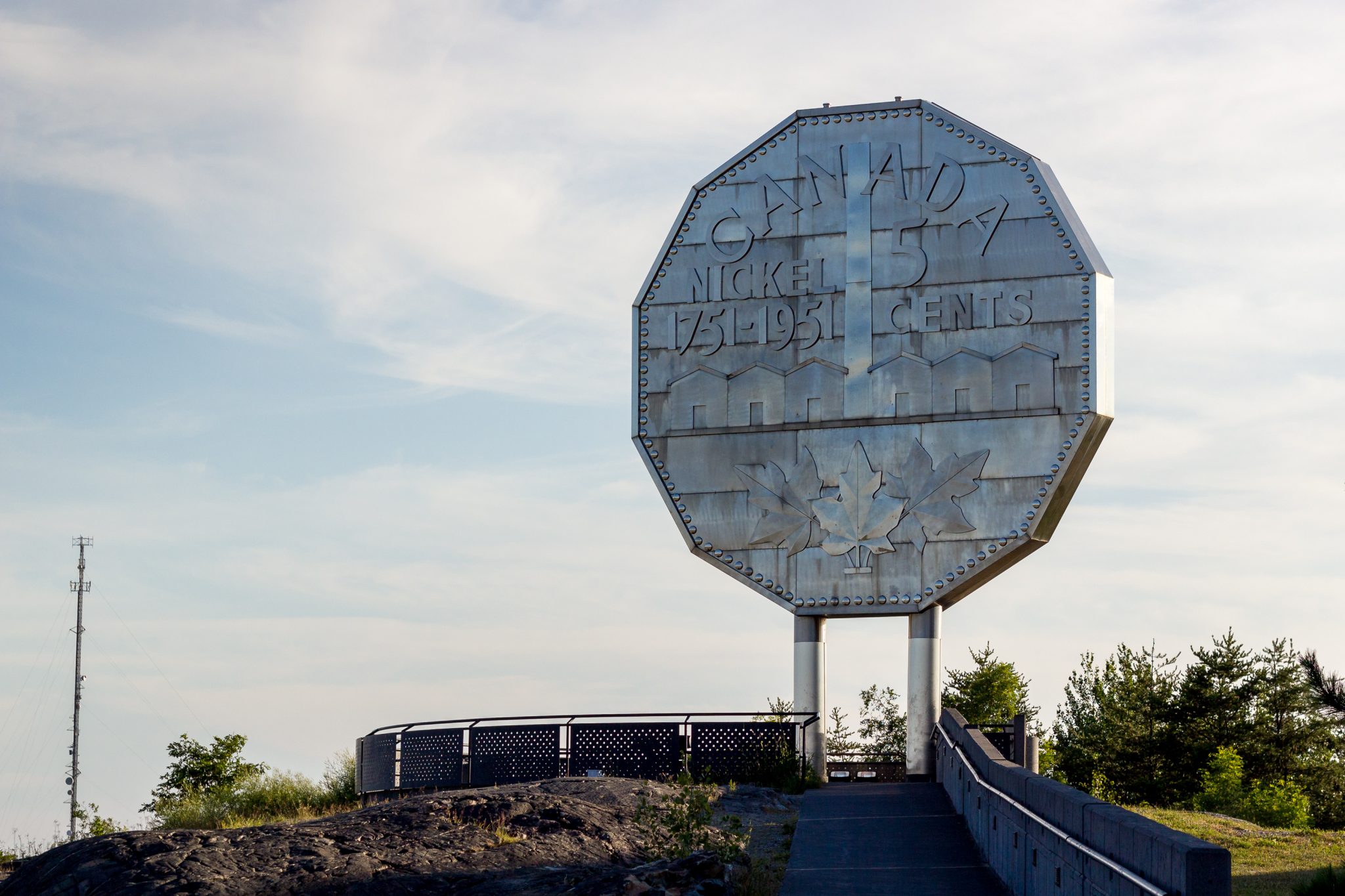 An image of The Big Nickel, a nine-metre (30 ft) replica of a 1951 Canadian nickel, located at the grounds of the Dynamic Earth science museum in Sudbury, Ontario.
